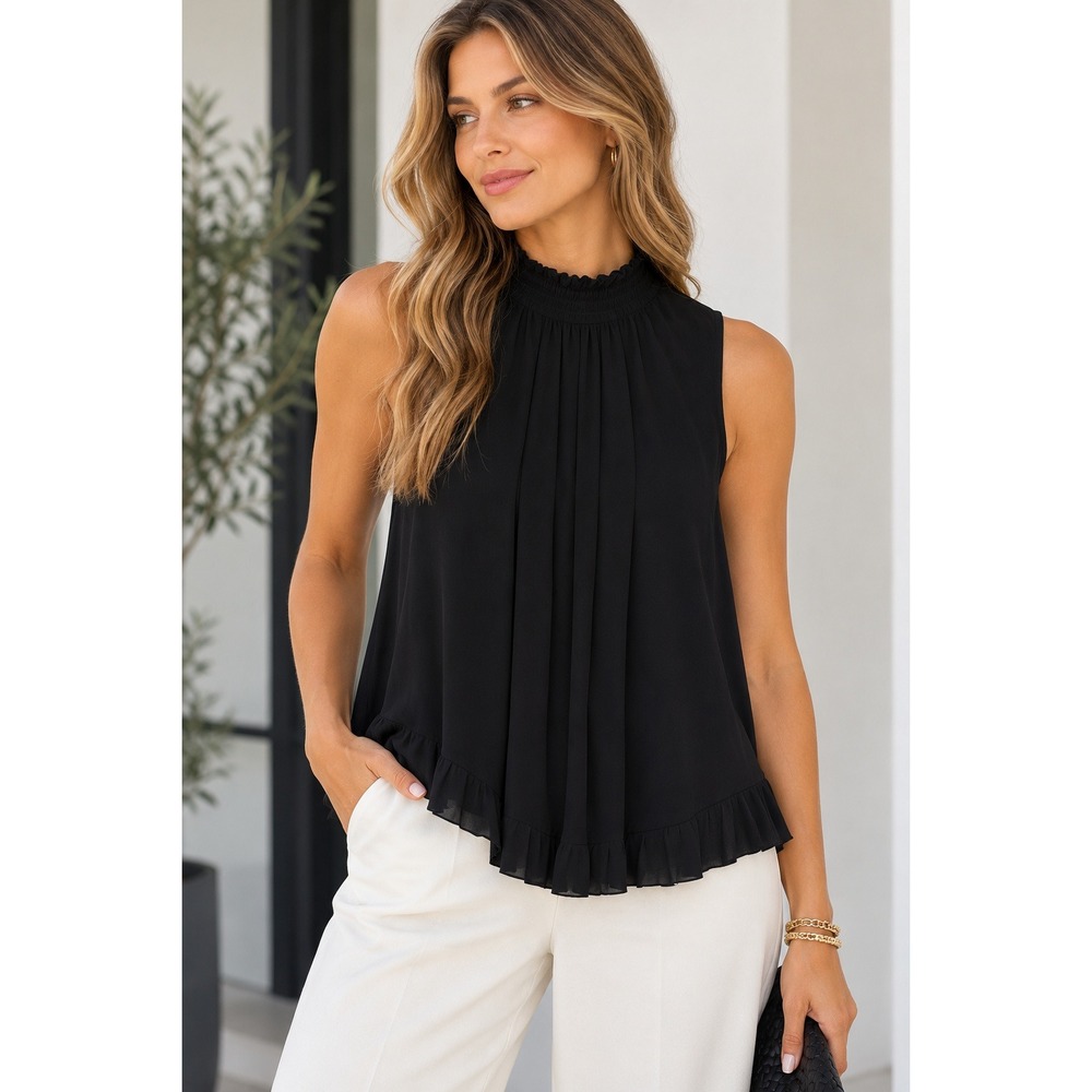 JM Sportswear Black Sleeveless Mock Neck Blouse Small Ruffle Pleated NWT